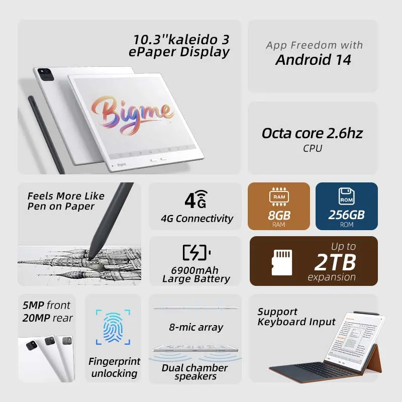 Bigme Ebook Reader B10, 10.3'' Color E-Ink Screen, Dual Cam, 8+256GB, Android 14, Paper-like Ereader with 4G Calling 6900mAh Bat