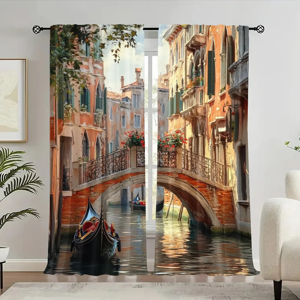 

2pc, Window Treatment Curtains Romantic Venice Bridge Machine Washable Polyester,Without Electricity Birthday Party for Home