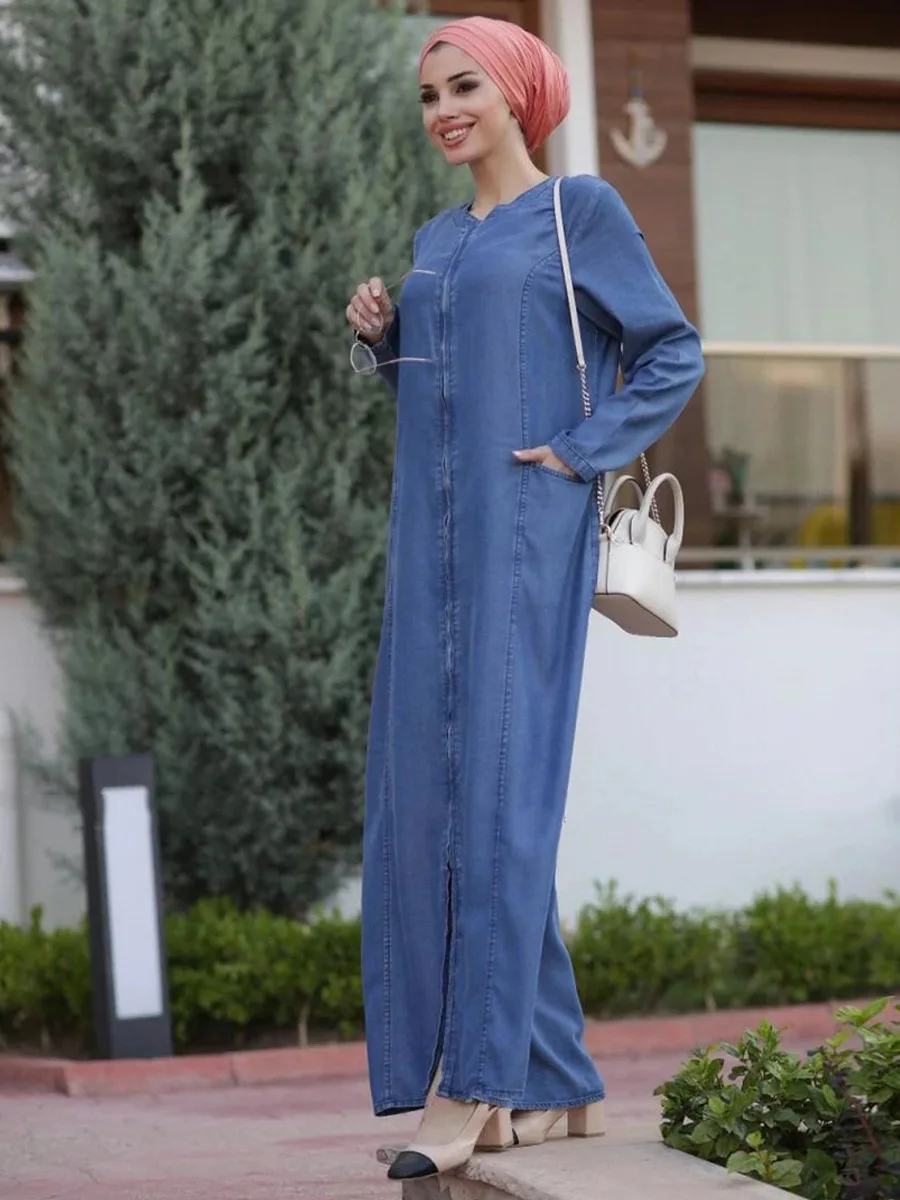 Muslim Spring Blue Denim Dress For Women Morocco Turkey Islam Robe Fashion Zipper Cardigan Abaya Arab Casual Caftan 2022 New