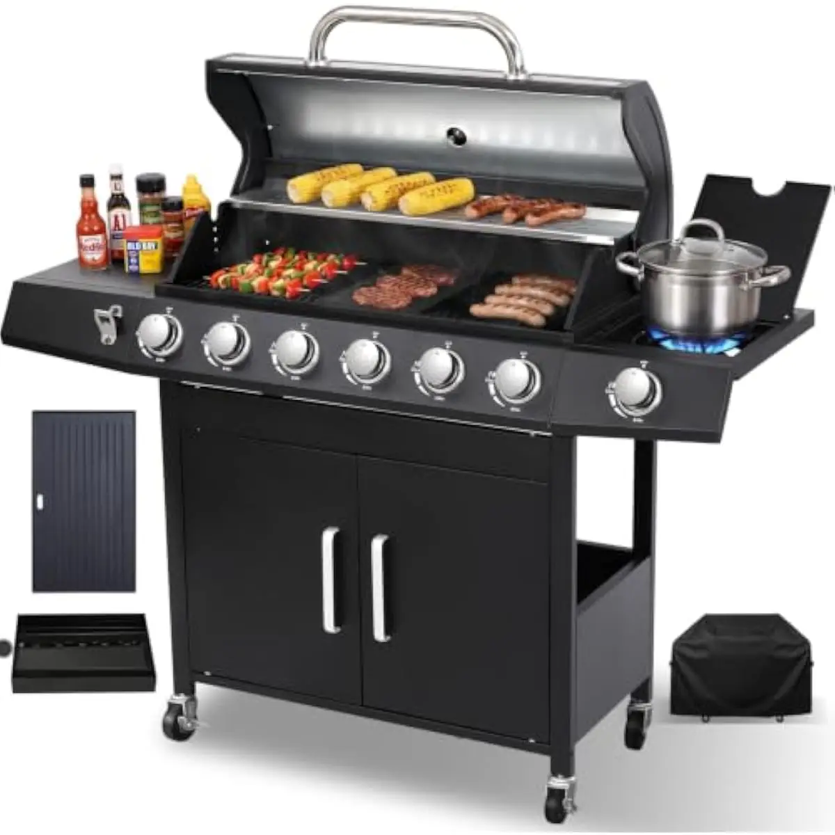 6 Burner Outdoor Gas Grill with Side Cooking Station Black Porcelain Grate Reversible Cast Iron Plate Stainless Warming Rack Bui