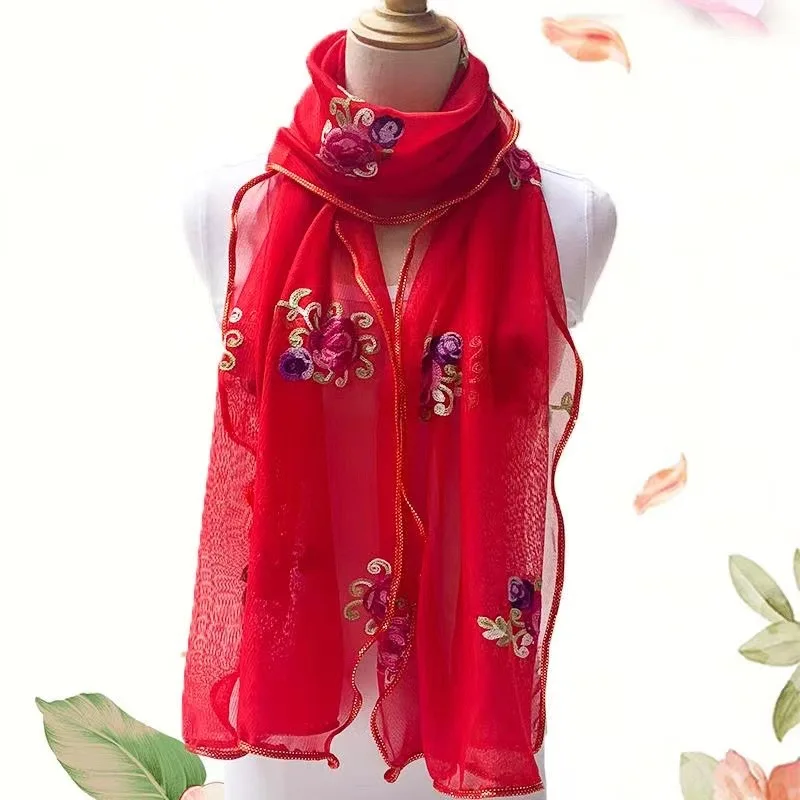 Vintage Flower Embroidered Scarf Elegant Ruffle Thin Breathable Shawl Casual Outdoor Sunscreen Decorative Bandana Muslim Hijib