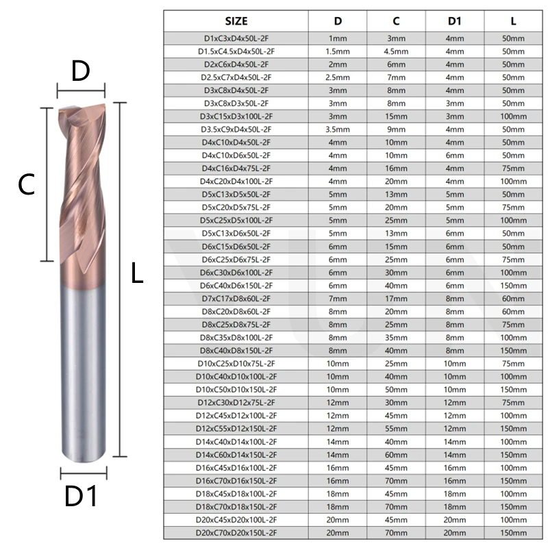 Tungsten Steel 2-blades Milling Cutter HRC60 1mm-20mm 50/60/75/100/150L Solid Carbide Long Endmills CNC Machining Center