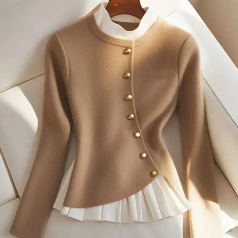 Beige Single Breasted Jacket with Gold Buttons and Pleated Hem Women Elegant Short Asymmetric Outerwear Spring Autumn