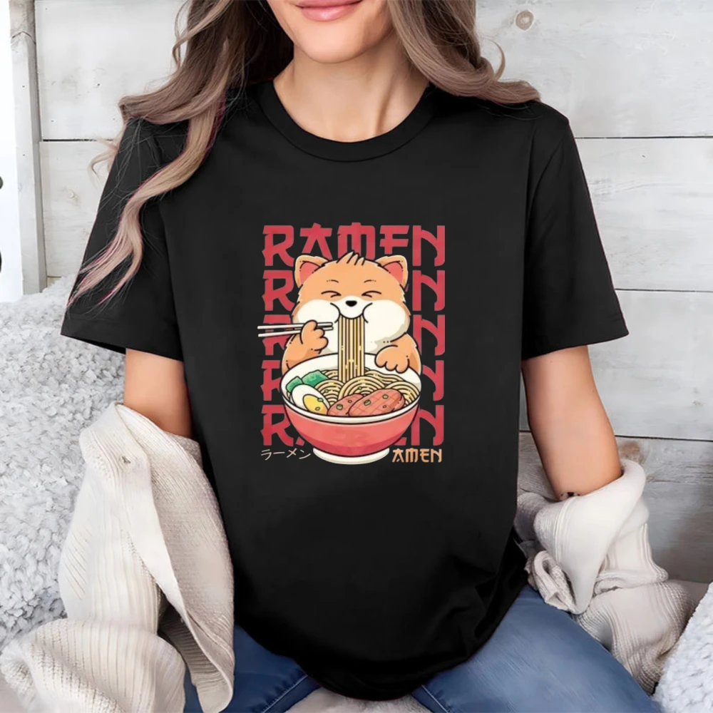 Shiba Inu Ramen Bowl Tee Cute Japanese Food Graphic Men Women Casual Shirt Kawaii Streetwear Tops Fashion Cotton Short-sleeve