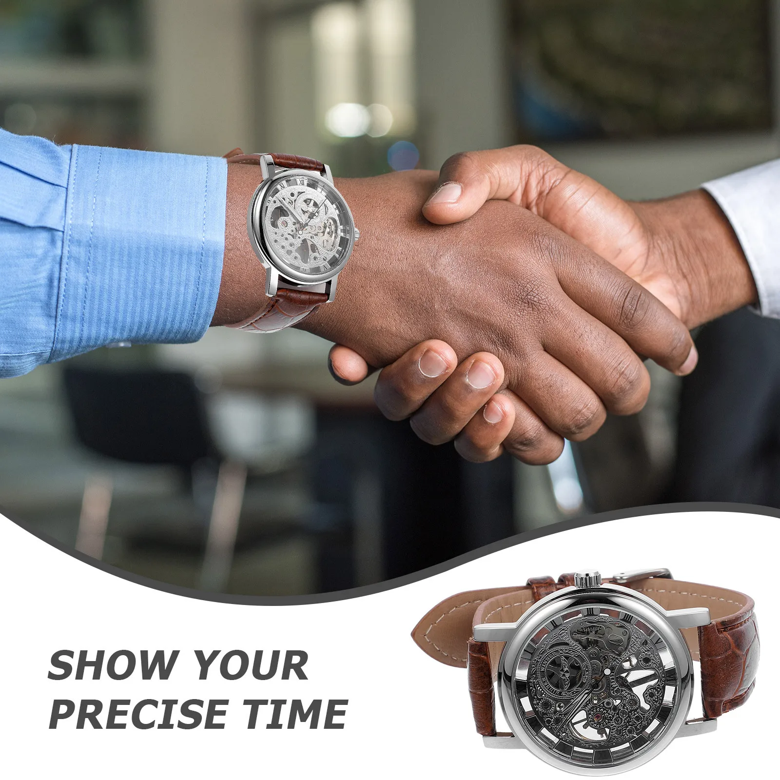 

Men'S Mechanical 036 Silver+Brown Round Hollow-Out Dial Manual Winding Alloy Stainless Steel Pu Band