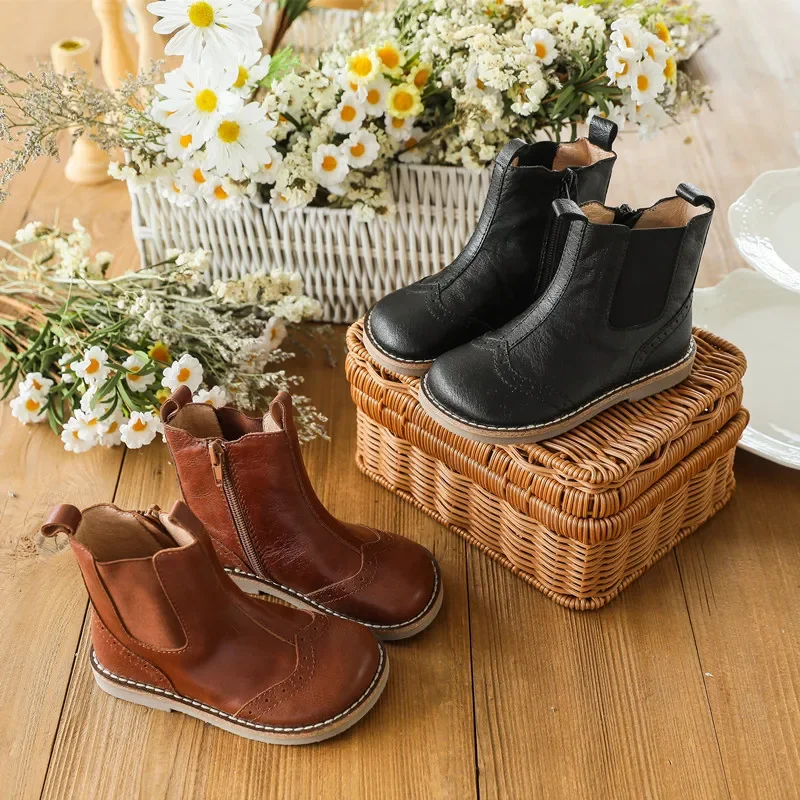 Genuine Leather Children's Martin Boots 2024 Autumn New Item Retro Small and Medium-sized Children's Warm and Plush Single Boots