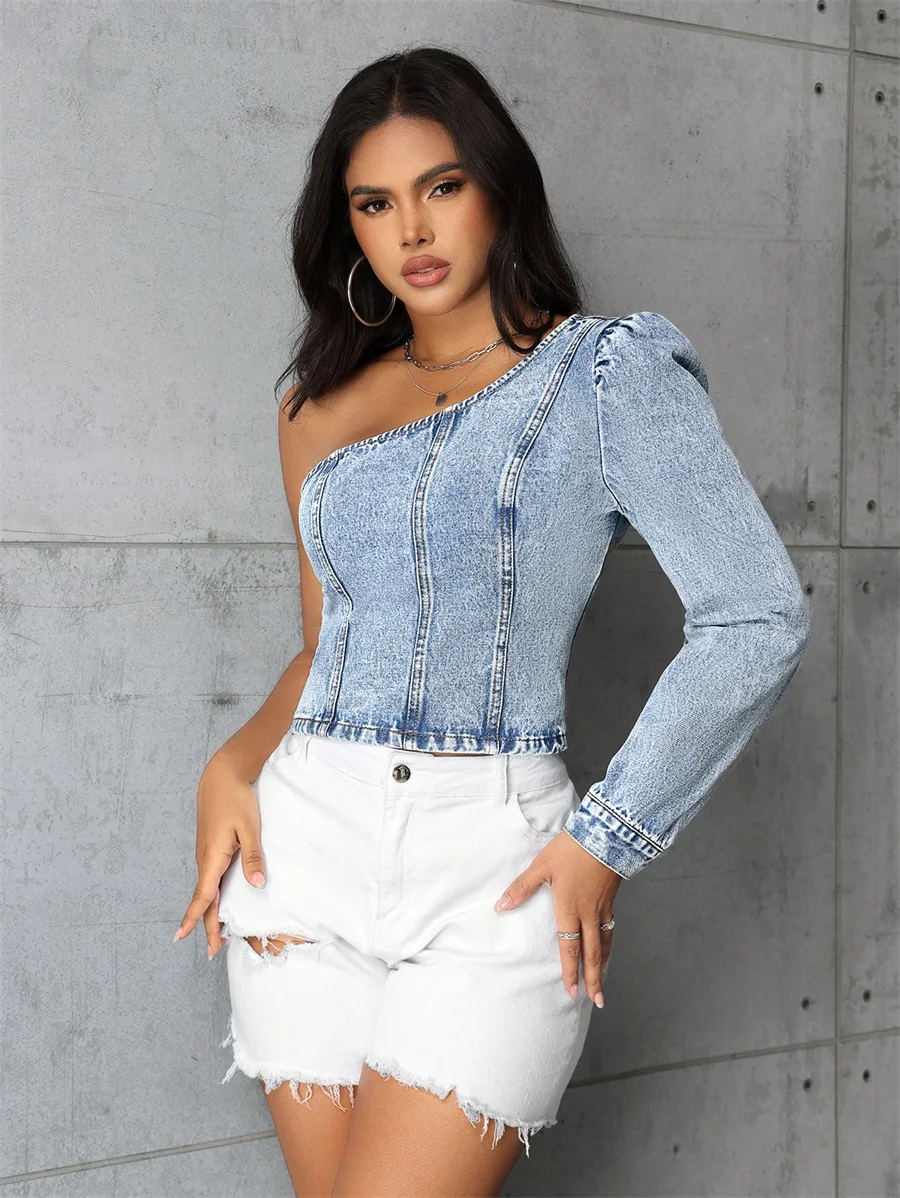 Benuynffy Sexy One Shoulder Crop Denim Top Women\'s Autumn Spring Fashion Long Sleeve Streetwear Party Side Zipper Jean Blouses