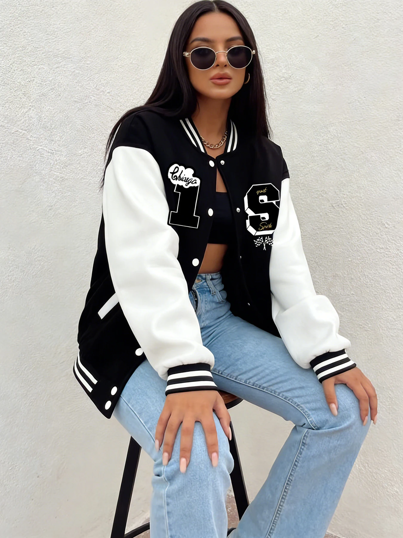 Women Chicago Number 1 Graphic Baseball Jacket Letter Print Loose Fit Varsity Coat Casual Street Fashion Daily Outfit Freece Top