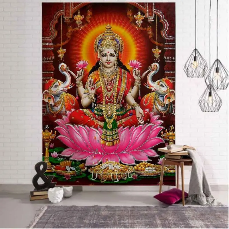 VIKAMA Hindu Wall Tapestry Lakshmi Goddess Lotus Elephant Backdrop Polyester Wall Hanging Bedroom Dorm Home Decor
