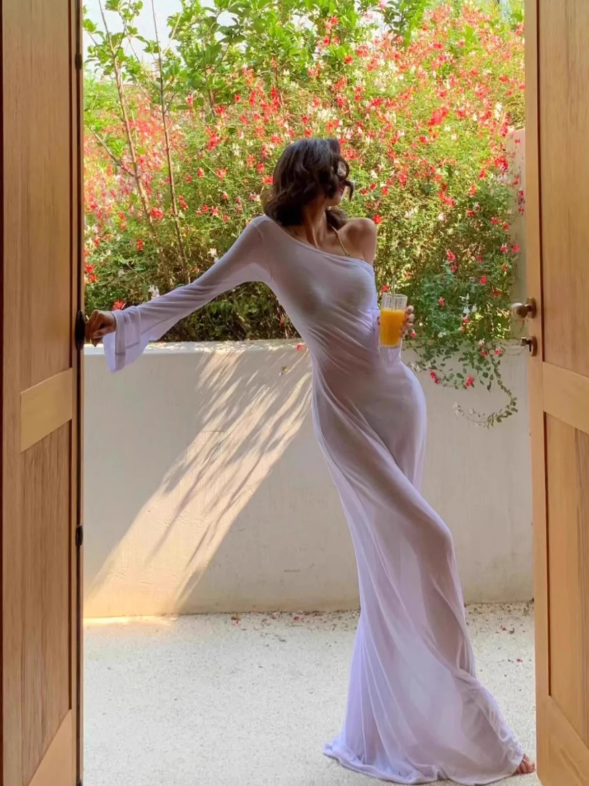 ビーチバケーション ホワイトムーンライト アシンメトリー ミディドレス トラベル ショルダーレス セクシー シースルー 長袖 コットンブレンドドレス