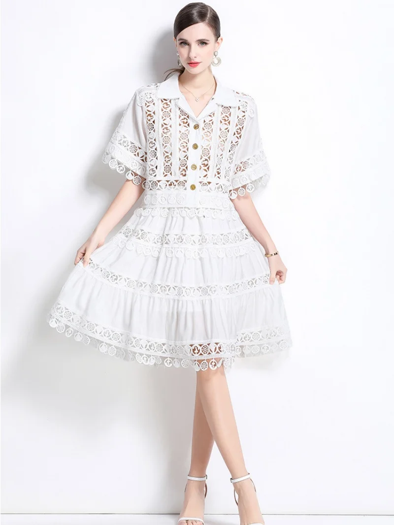 

Elegant Hollow Out Lace Spliced 2 Piece Set Women Outfit Summer Clothing Women Half Sleeve Shirt Mini Skirt Sets CHIC Dress Sets