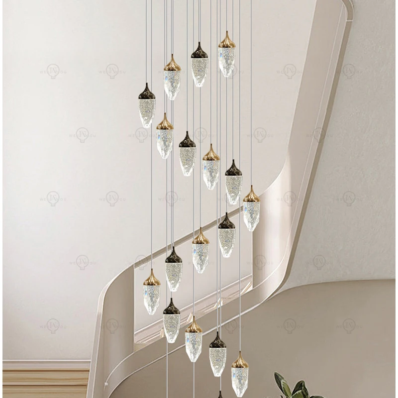 Light luxury staircase crystal long chandelier simple modern villa living room loft rotating duplex villa hanging light