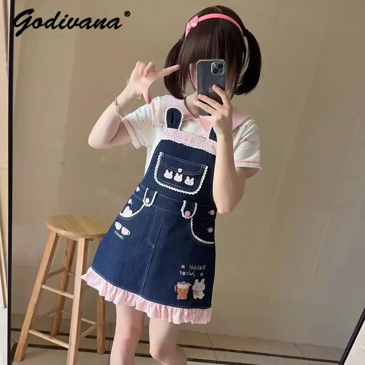 

Daughter's Clothing Outfit New Spring Heavy Cartoon Embroidered Sweet Girly Dress Set Kawaii T-shirt and Suspender Dress