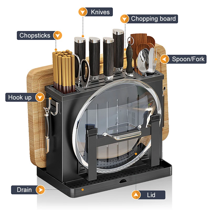 Imagem -02 - Cremalheiras de Armazenamento de Cozinha Faca Placa Corte Rack Pauzinhos Pote Capa Rack Multifuncional Suporte Talheres Prateleira Drenagem Organizador