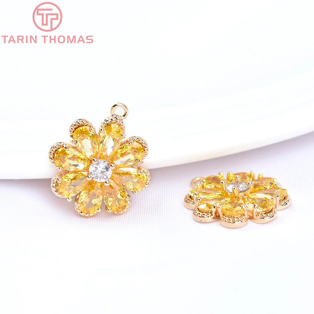 (6035)2PCS 14MM 24K Gold Color Brass with Zircon Flower Shape Charm Pendants for Jewelry Findings Accessories Supplies Wholesale