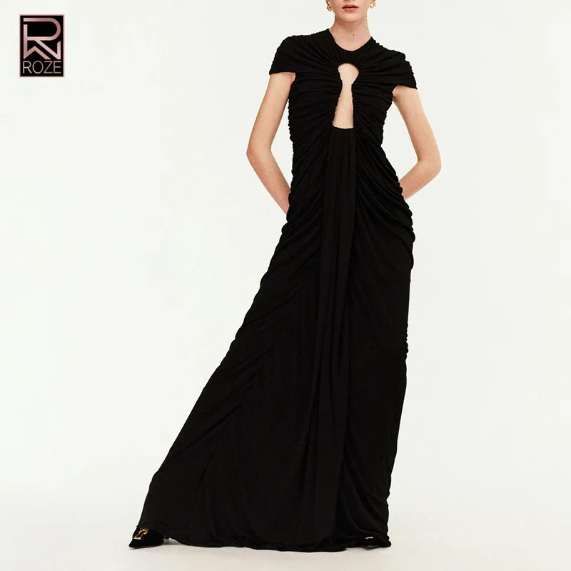 Vestido elegante de color liso con paneles transparentes y detalle de volantes - Vestido largo de manga corta con cuello redondo