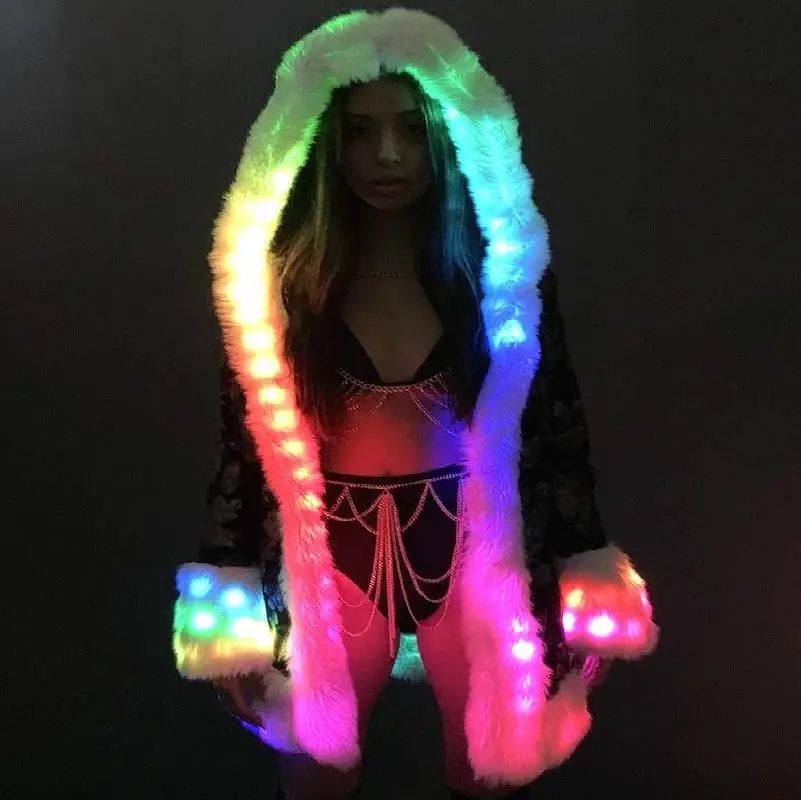 Disfraz de Cosplay de muñeca de Halloween para mujer, abrigo de piel con luz LED, sudadera con capucha, traje de fiesta de lentejuelas, ropa de escenario de espectáculo de carnaval, ropa cálida