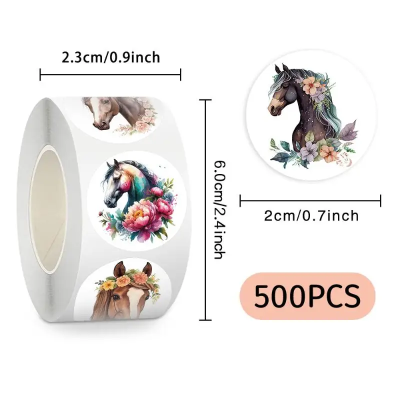 สติกเกอร์ลายการ์ตูนม้า 500 ชิ้น/ม้วน สติกเกอร์ลายสัตว์ ม้า ดอกไม้ การ์ตูน สติกเกอร์ปิดผนึก DIY PVC สติกเกอร์ติดแล็ปท็อป ตกแต่ง