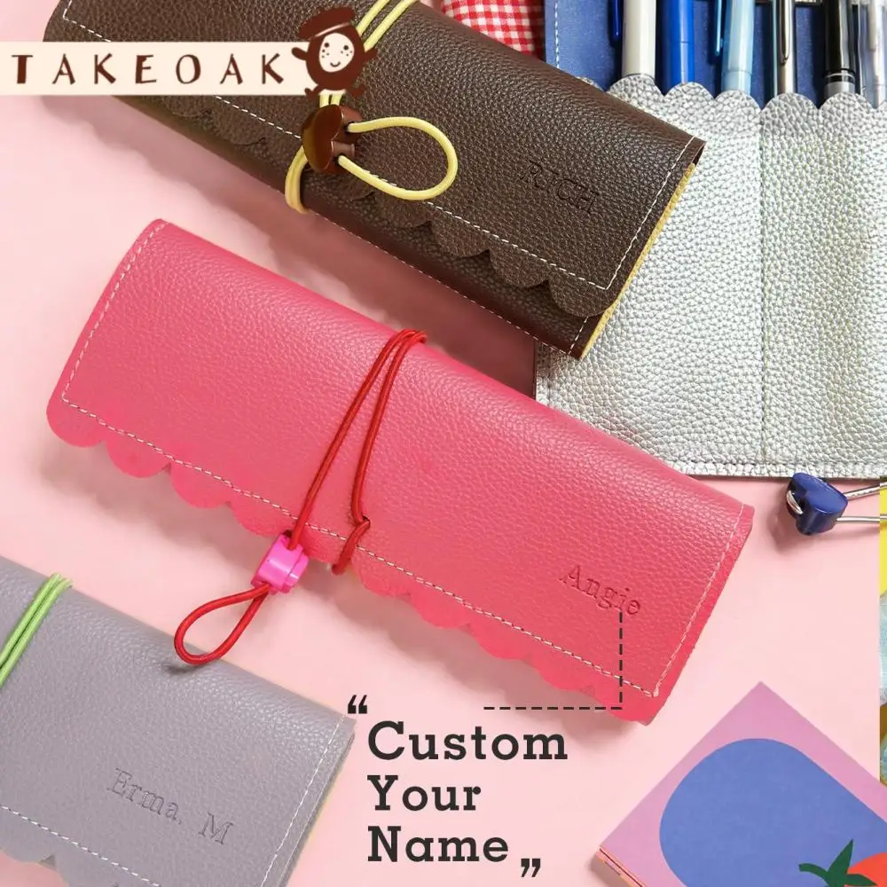 Scalloped Edge PU Leather Custom Name Makeup Brush Holder Elastic Band MultiSlot Cosmetic Brush Organizer Travel Customized Gift