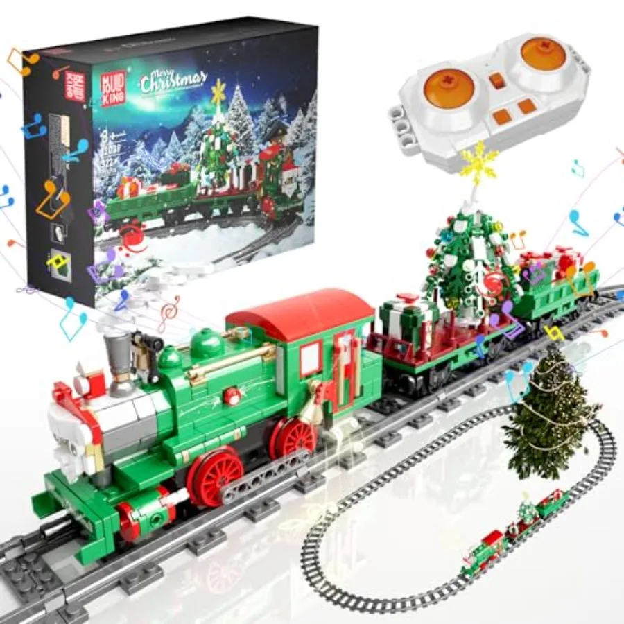 

Christmas train building set for home decoration, ABS plastic, red and green, app and remote control with motorized steam locom