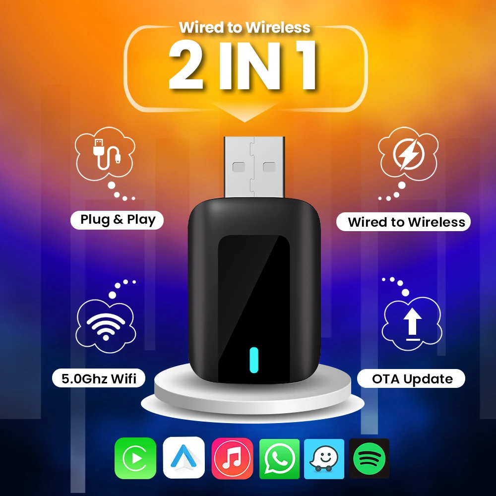 Wireless CarPlay Adapter Wireless Android Auto 2in1 Dongle Plug and Play  For Volvo Benz Chevrolet Citroen Buick Cadillac Chery