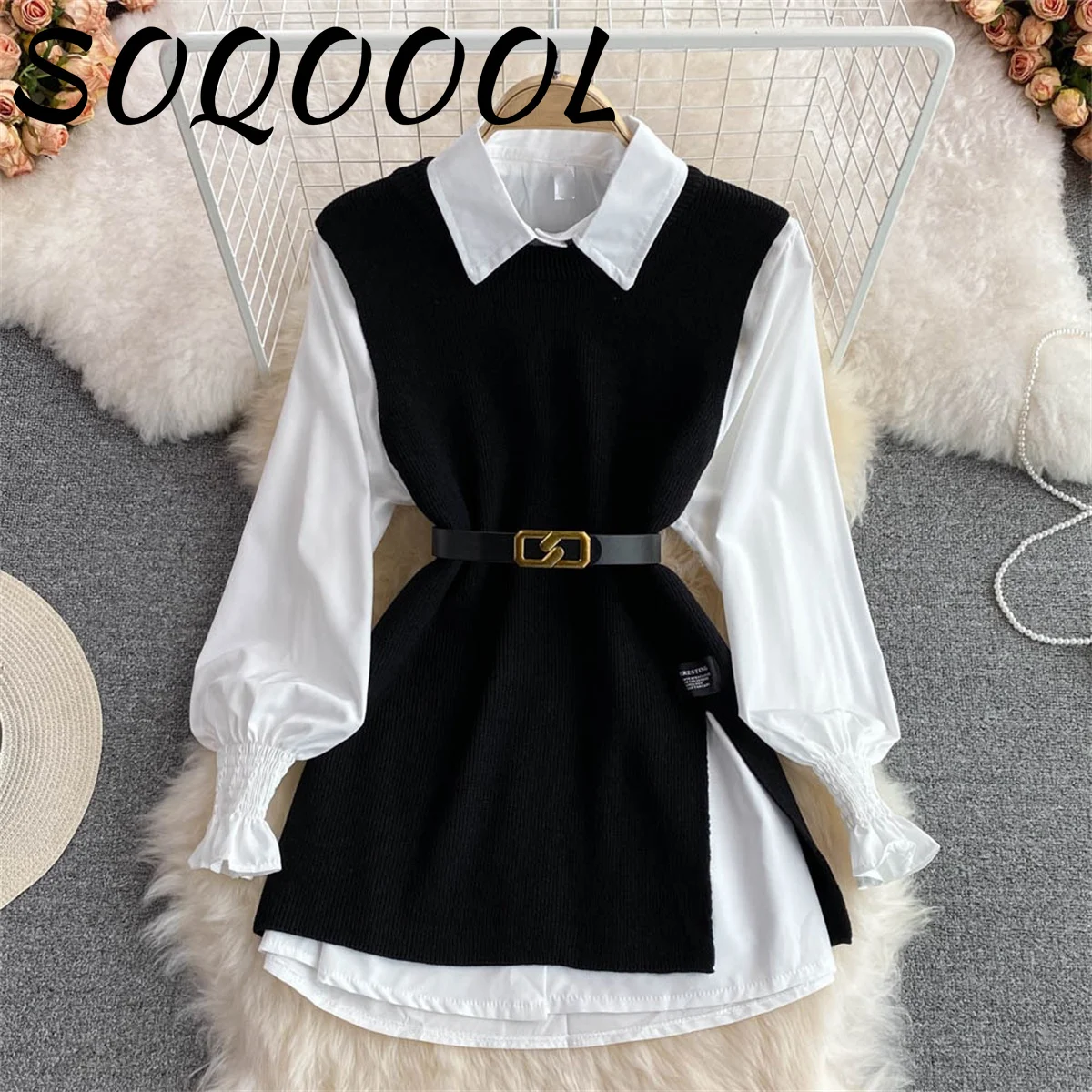 New Autumn Fashion Korean Office Lady Lapel Lantern Sleeves White Shirt +V-neck Knitted Vest Casual Two-piece Set Clothes Women