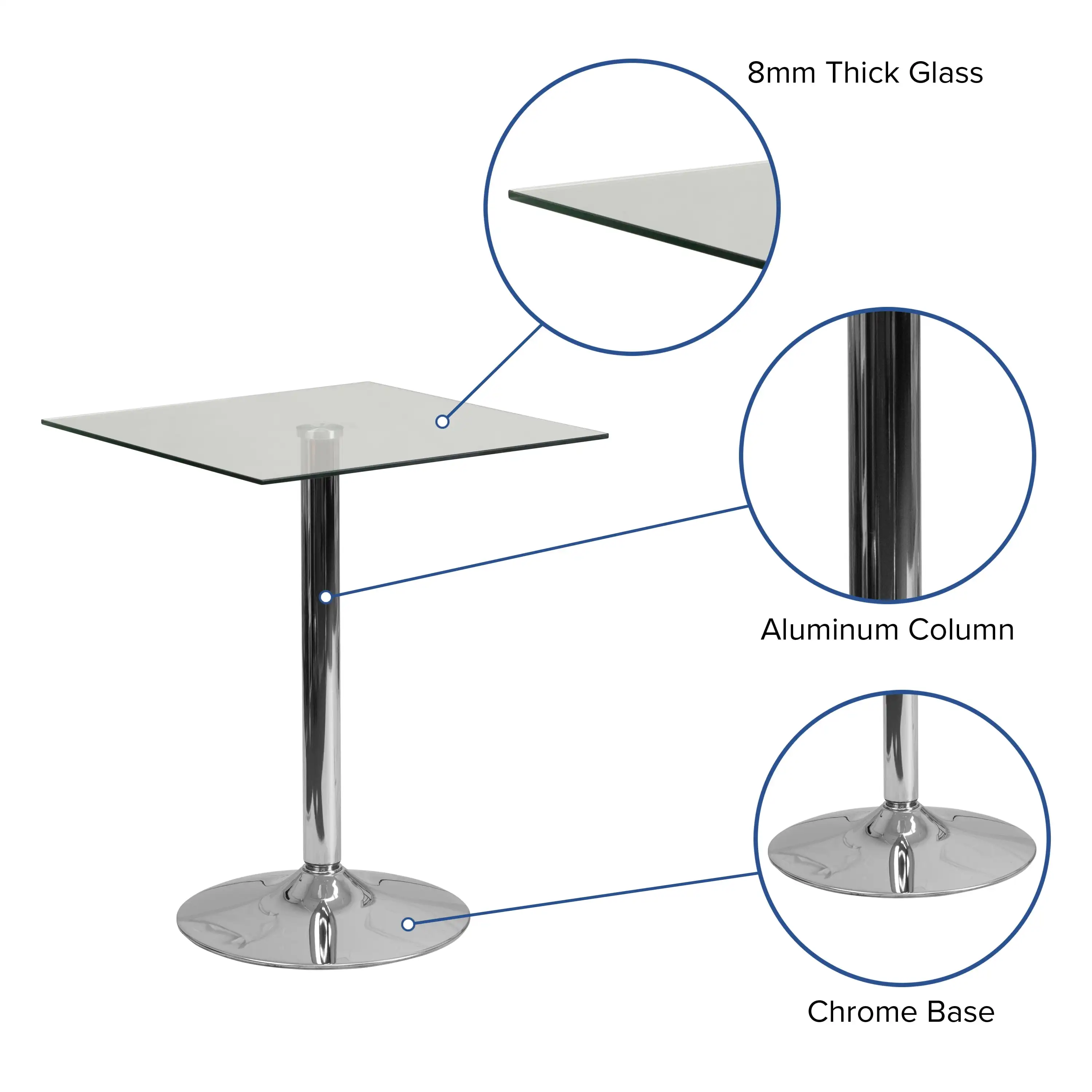 23.75'' Square Glass Top Bar  Table with 30''H Chrome Base Pub Table Counter Height Dining Table