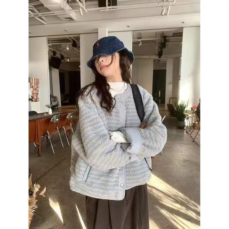 

girl leisure cotton-padded jacket Wear on both sides coat short style winter new model niche loose round neck thicken wholesale