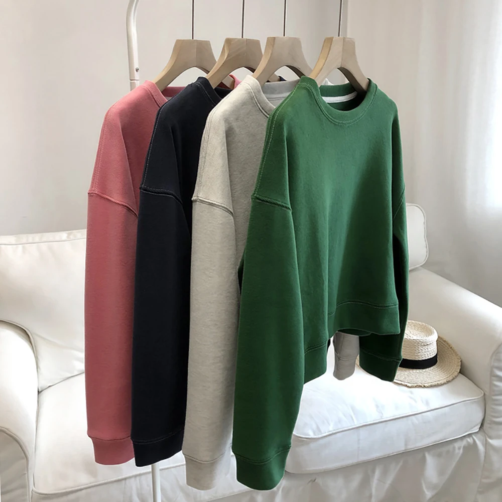 

Short O-Neck Thread Pullovers Women Spring Autumn Long Sleeve Solid Color Hoodies Korean Style Casual All-Match Sweatshirts