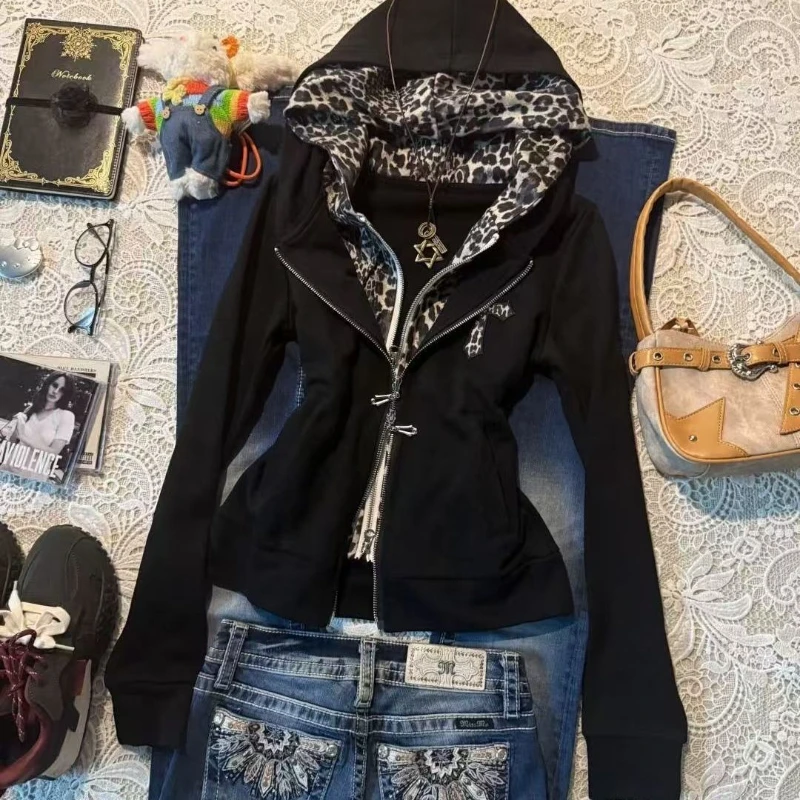 Y2K Subculture Leopard Print Hooded Hoodie Women Vintage Patchwork Fake Two Piece Sweatshirt Autumn Fashion Zip Jacket Tops New