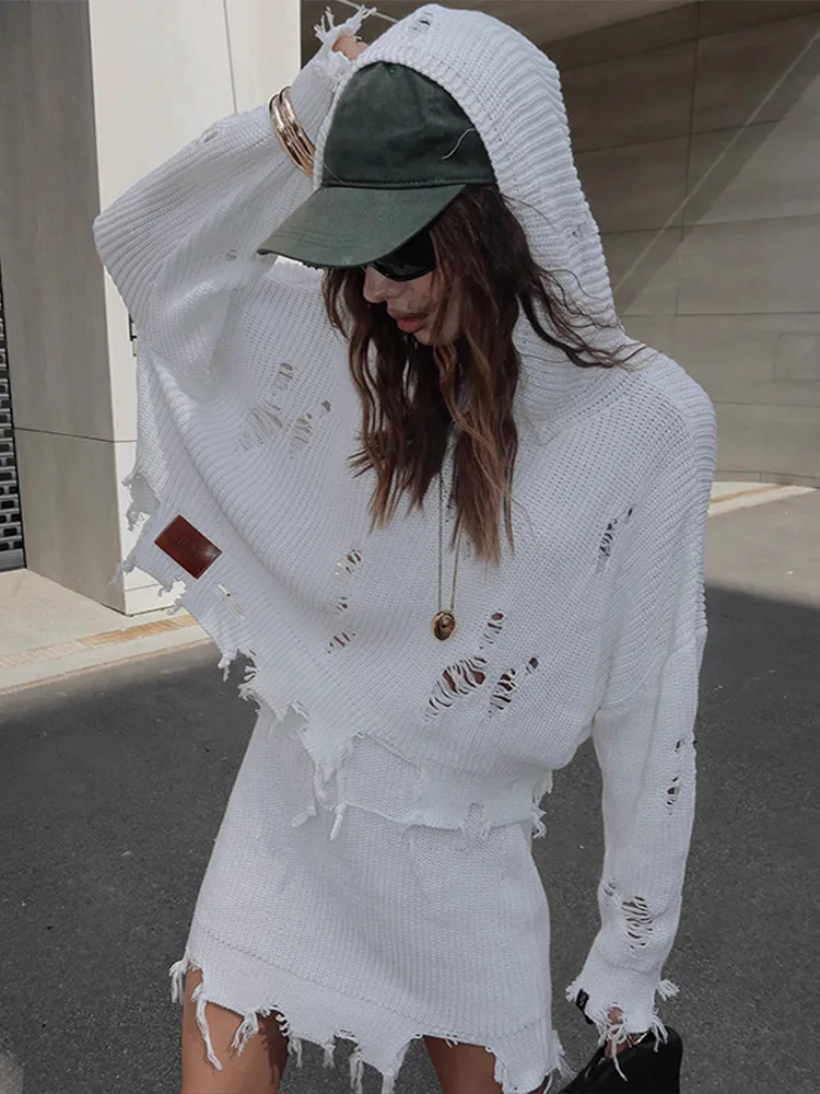 

Chic Solid Hollow Out Sweater Skirt Women Set Fashion Hooded Long Sleeve Top Mini Hip Package Skirts 2025 Casual Lady Streetwear