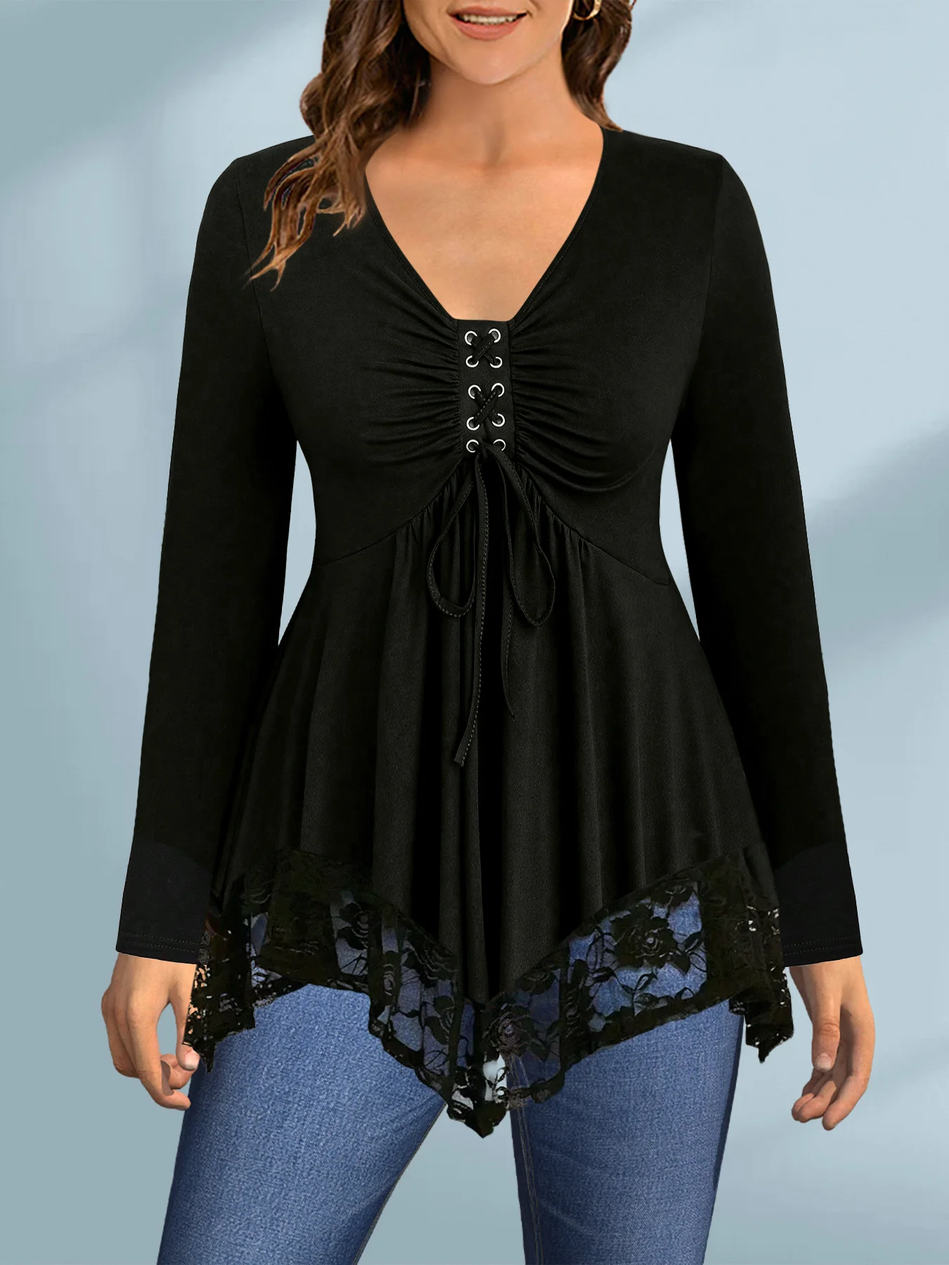 Damska koszulka z długim rękawem Plus Size Casual Black Lace-Up Lace Patchwork V-Neck Jesień Wiosna Basic Soft Pullovers Tee Top