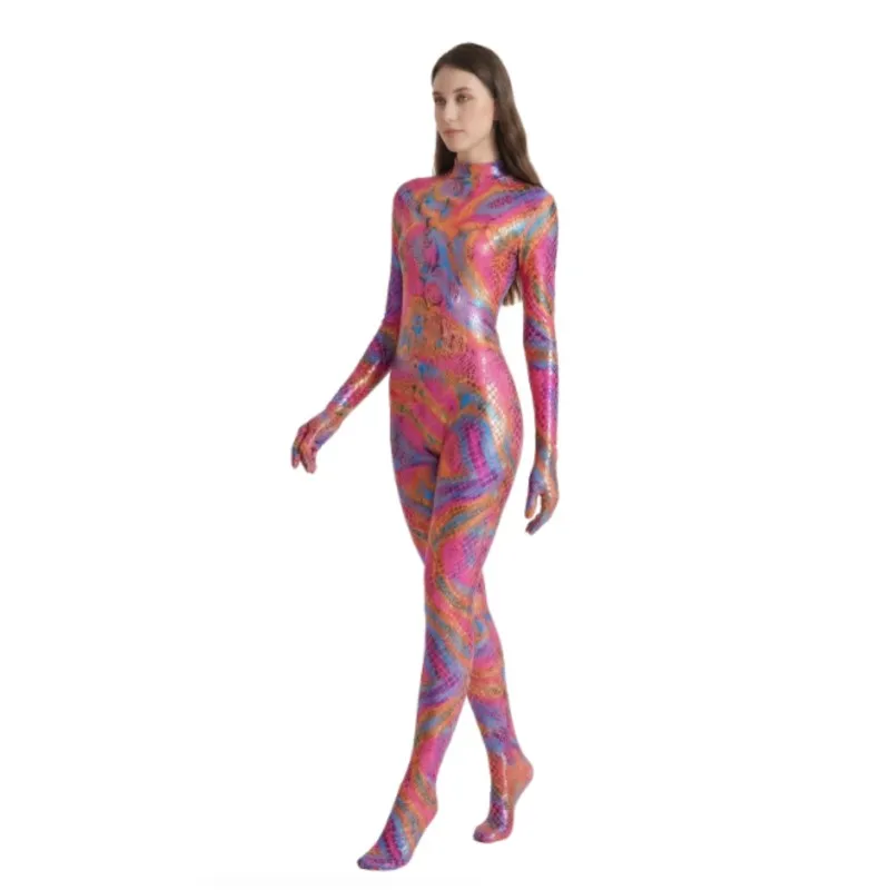 

Women Tight Smooth Jumpsuit Leopard Elasticity Cosplay Sexy Stage Performance Outfit Long Sleeve Gloves Glossy Fitness Bodysuit