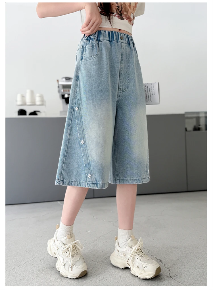 Sommerliche Mädchen-Mode-Jeans-Shorts mit Perlen für Kinder, lässige knielange Jeanshosen, elegante blaue Jeans für junge Mädchen, Sonderangebote. – Detail 4