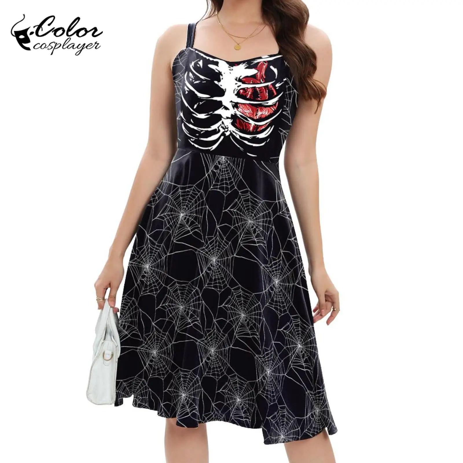 

Color Cosplayer Gothic Dress Women Skeleton Witch Dress Carnival Spider Web Pattern Slip Dress Festival Party Outfit Summer