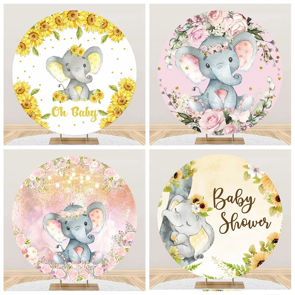 Laeacco Baby Elephant Round Backdrop For Photography Blooms Sunflowers Baby Shower Birthday Party Wild Animal Circle Background