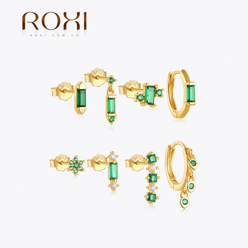 ROXI 925 Sterling Silver Horse Eye/Square/Flower Green Zircon Earrings Set Women 3-4 Piece Geometric Earring WeddingJewelry Gift