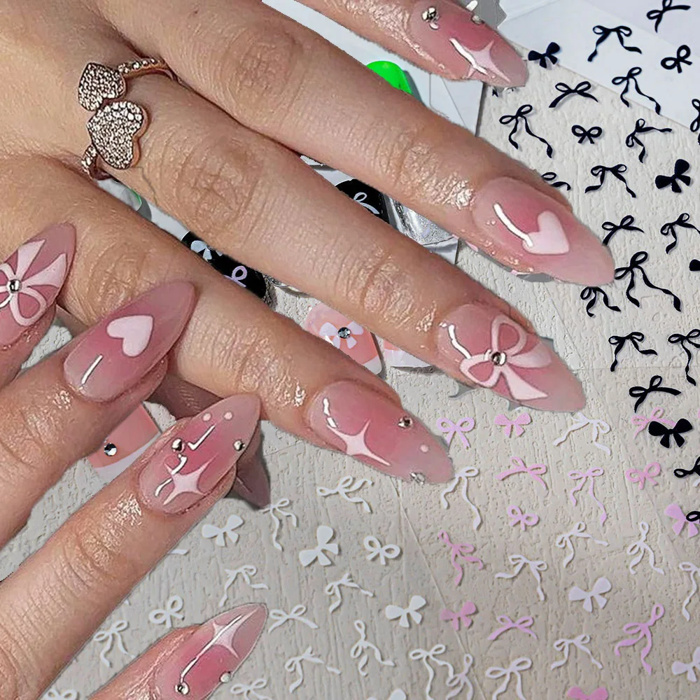 1Pc 5D Embossed Colorful Bow&Ribbon Nail Sticker Black/White/Pink Bow&Ribbon Nail Decal Adhesive Summer Bow&Ribbon Nail Slider