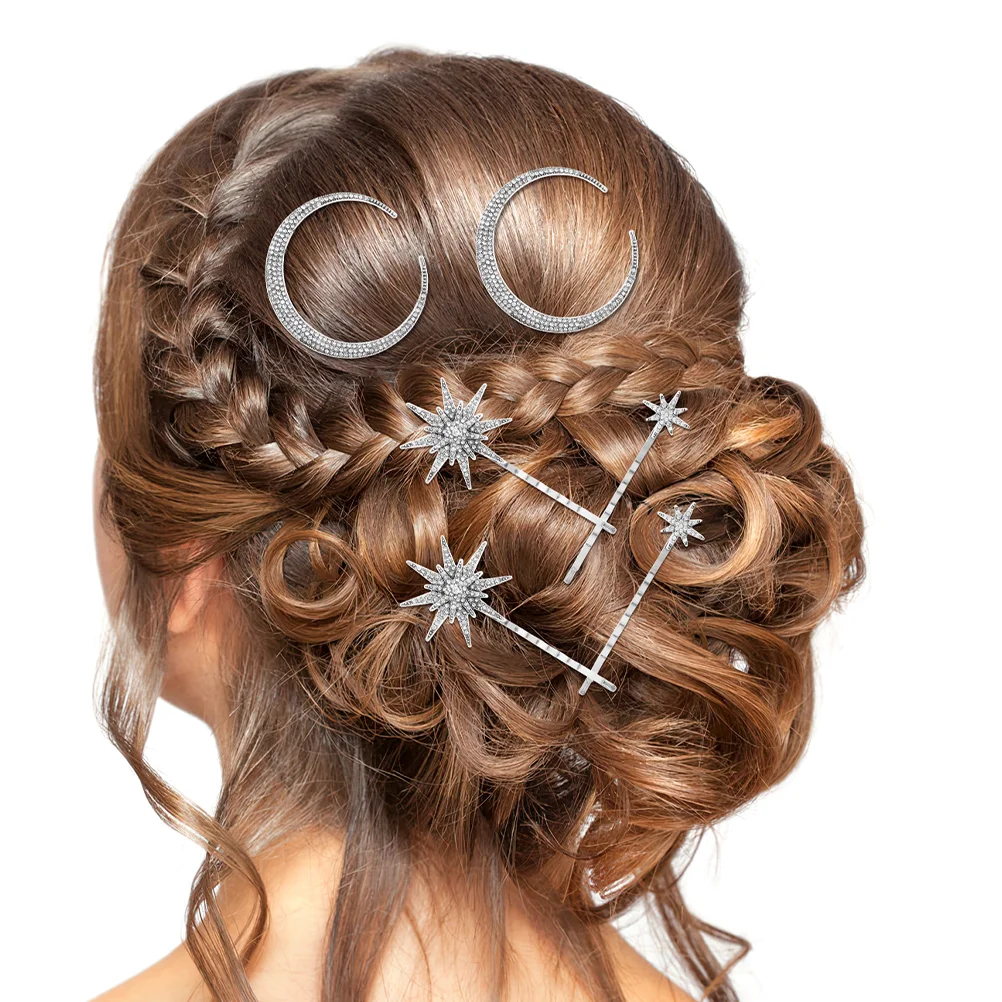 2 juegos de horquillas para el pelo para mujer, horquilla de diamante geométrico Retro, Clips dorados, pasadores pequeños de Metal denso, accesorios de luna y estrella