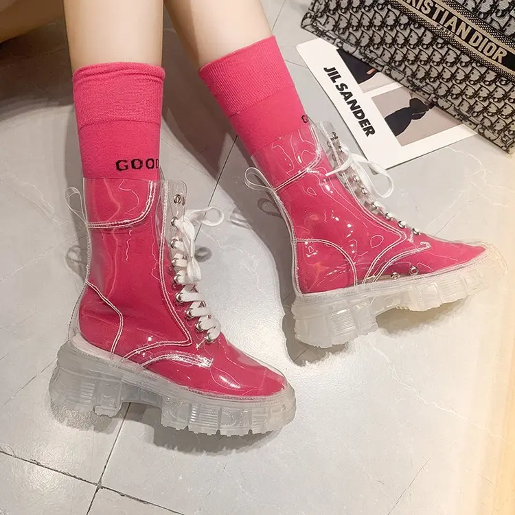 2022 Cool Fashion Women Transparent Platform Boots Waterproof Ankle Boots Feminine Clear Heel Short Boots Sexy Female Rain Shoes