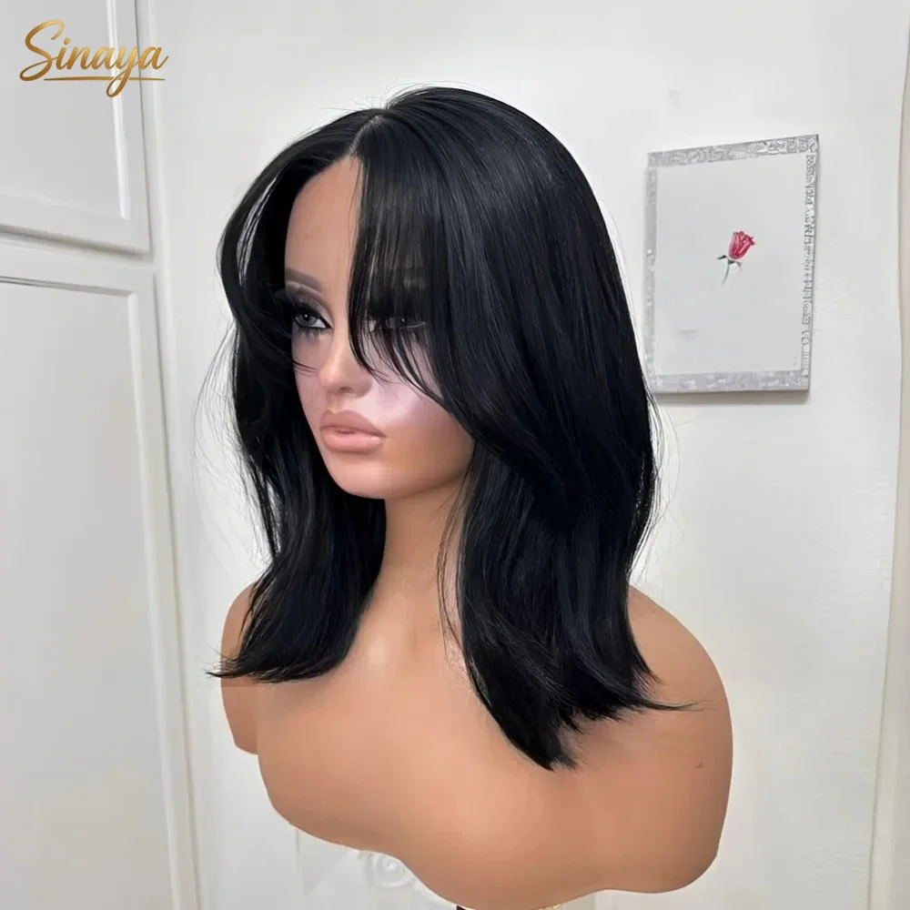 Black Wig Short Wavy Layered Lace Front Wig With Bangs Synthetic Bob Wig For Women Middle Part Heat Resistant Daily Party Wear
