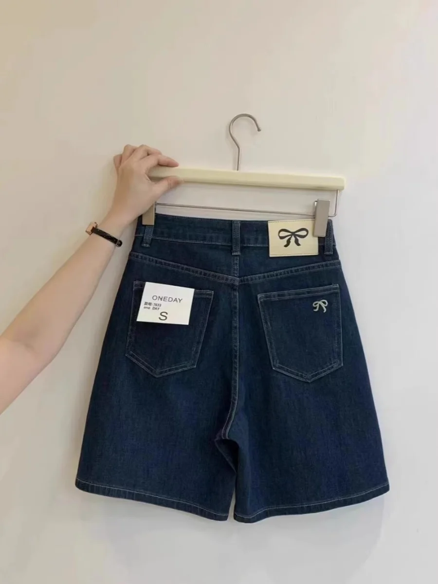 

Korean Style High Waist Straight Leg Short Jeans Women's Summer Fashion Knot Embroidery Deep Blue Versatile Wide Le...