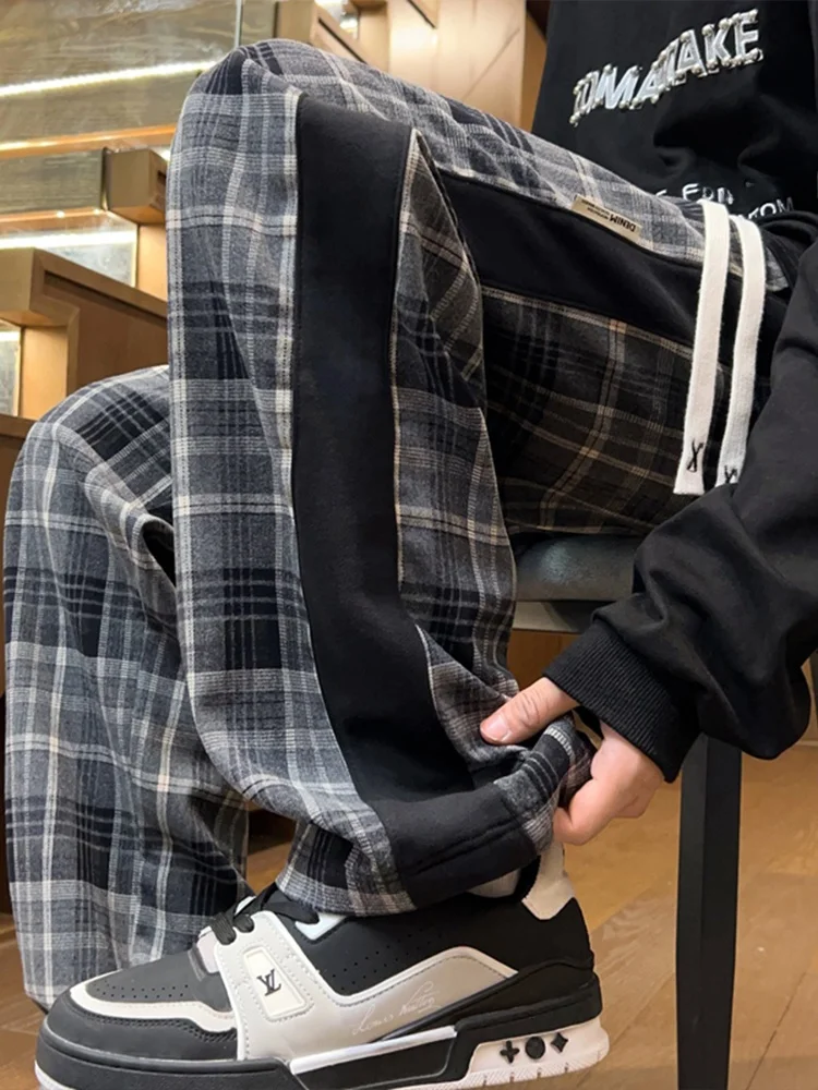 

American Retro Plaid Pants Men's Spring Autumn New Trendy Brand Loose Wide Leg Casual Long Pants Straight Leg Comfortable Fit