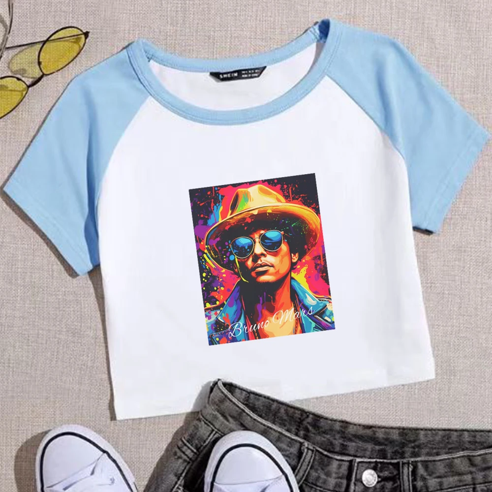 Bruno Mars World Tour 2024 Crop Tops T-Shirt Girls Super-short Printing Music Fans Gift Regular O-Neck Short Sleeves Fashion