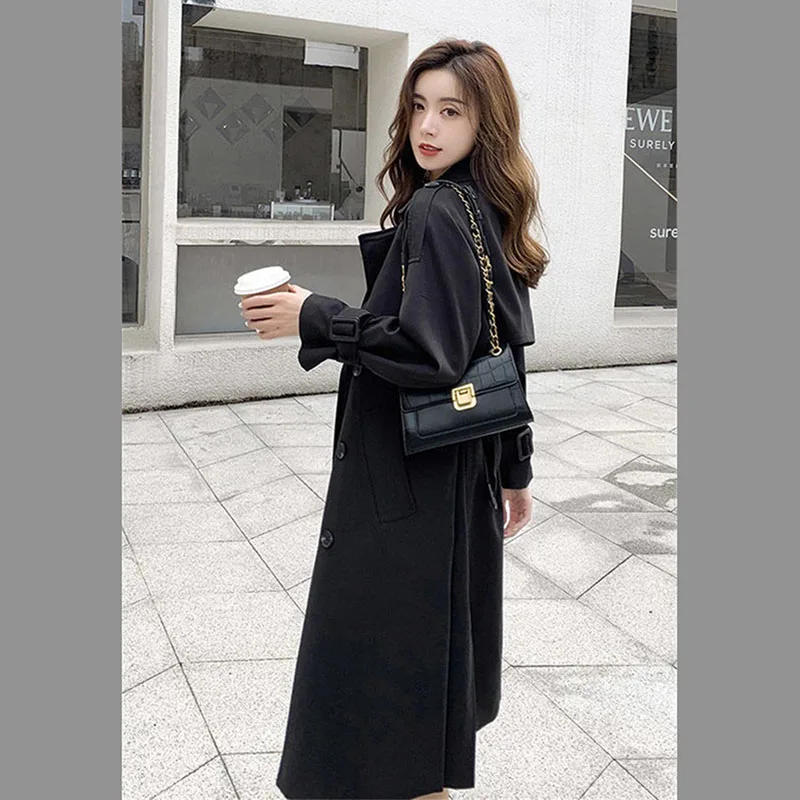 2025 가을 슬림 트렌치 코트 여성용 솔리드 턴다운 칼라 긴팔 벨트 장식 더블 브레스티드 여성 코트