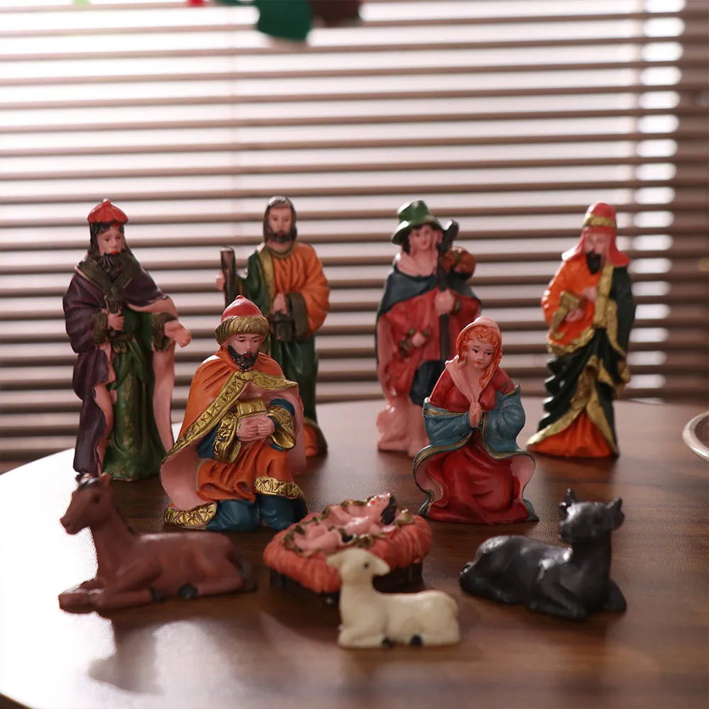 10Pcs/Set Resin Material Nativity Stable Ornaments Hand Drawn Design Tabletop Display Christmas Manger Scene