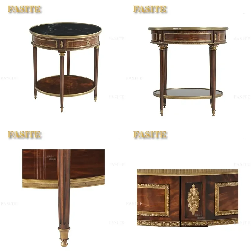 For Neoclassical Solid Wood Roman Column Corner Coffee Table with Marble Top and Copper Inlay Small Side Table for Living
