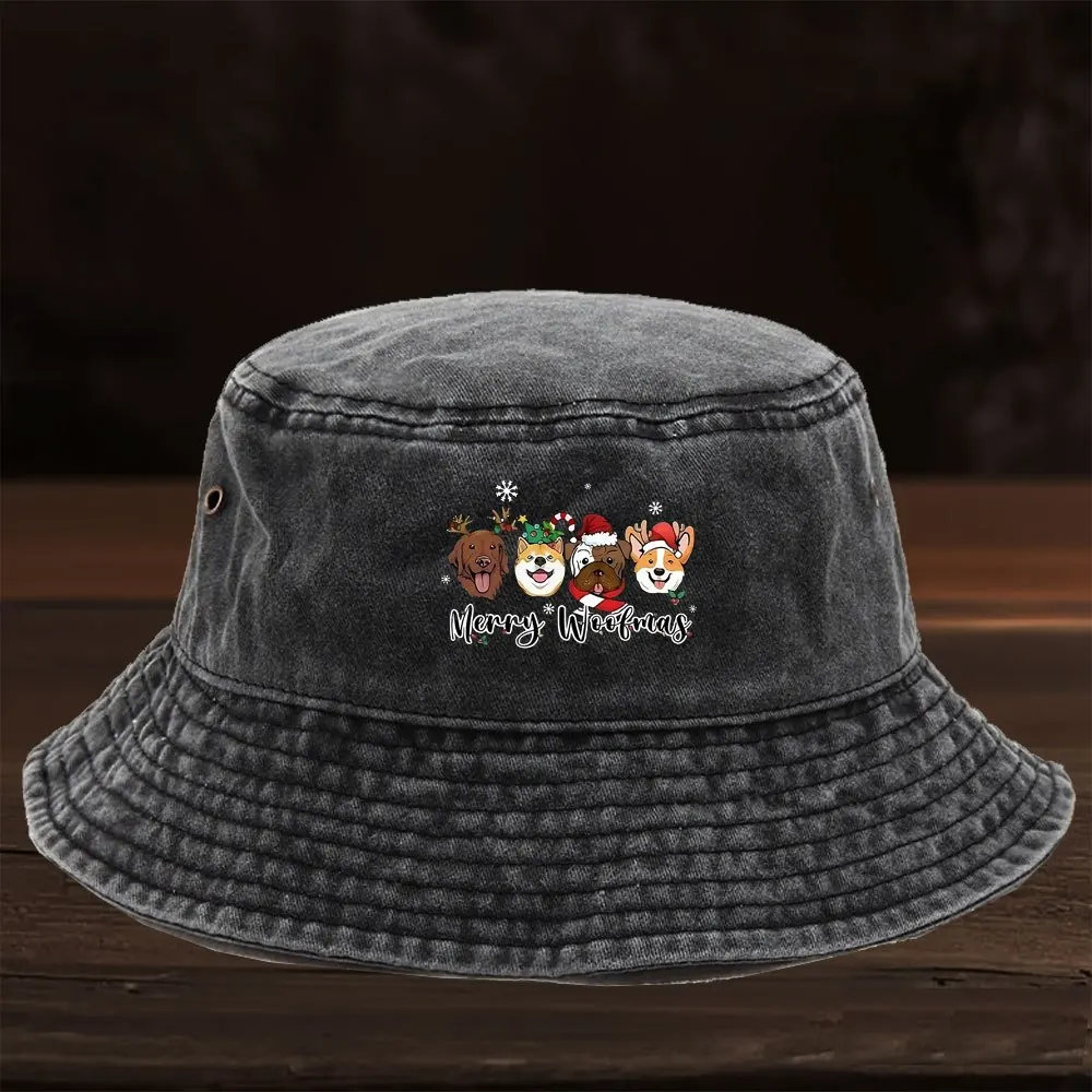 Limited Edition Washed Fisherman's Hat, Decorated with a Christmas Cartoon Family Portrait of Dogs, Featuring European and American Design.