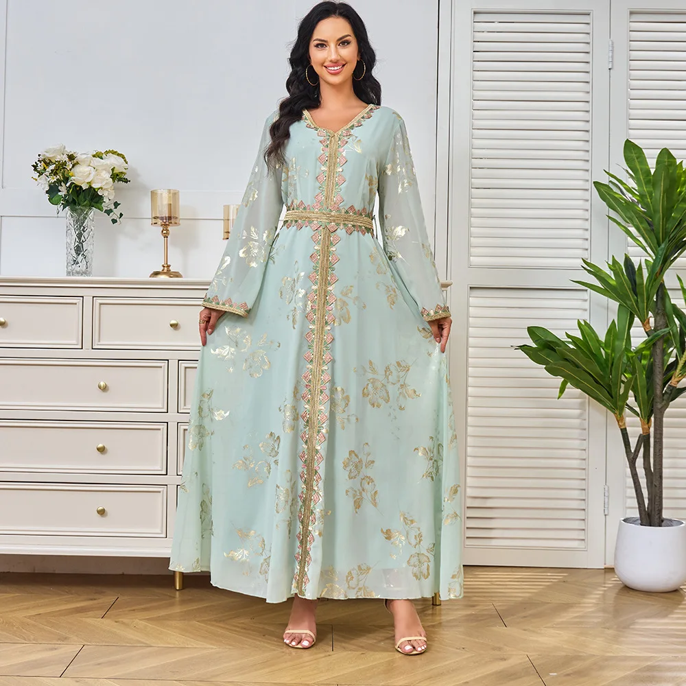 Muslim Party Dress for Women Gold Print Embroidery Belted Lace Gown Ramadan Dubai Elegant Wedding Abaya Fashion Islamic Clothing