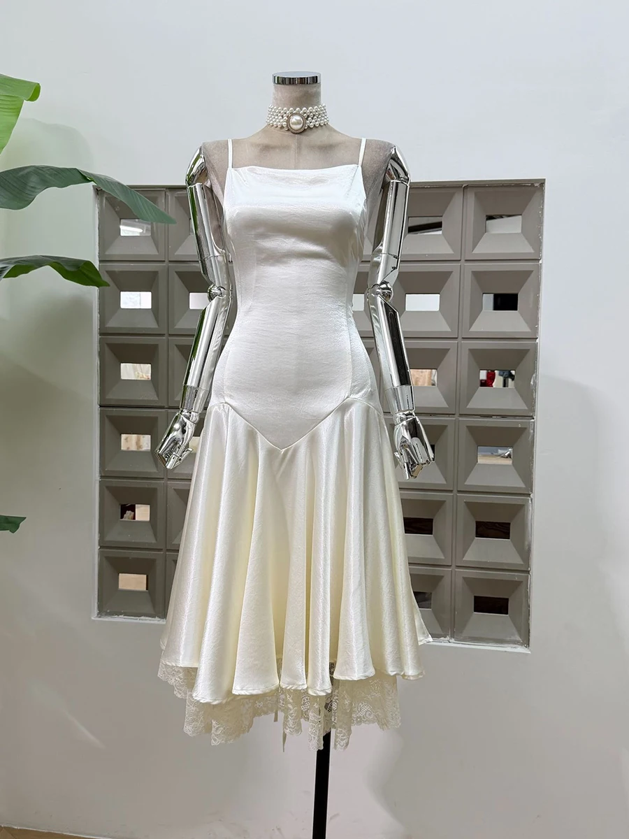 TWOTWINSTYLE Solid Spliced Lace Slimming Slip Dress for Women Square Neck Sleeveless Patchwork Folds Dresses Female Fashion New